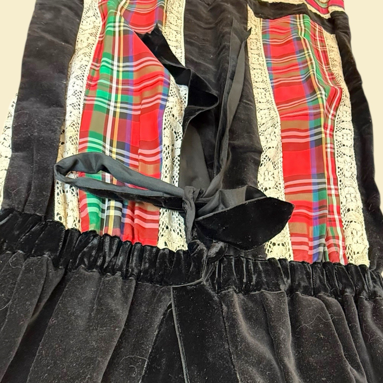 Vintage Tartan Red & Black Velvet Maxi Dress Empire Waist Mr. Hank 60s
