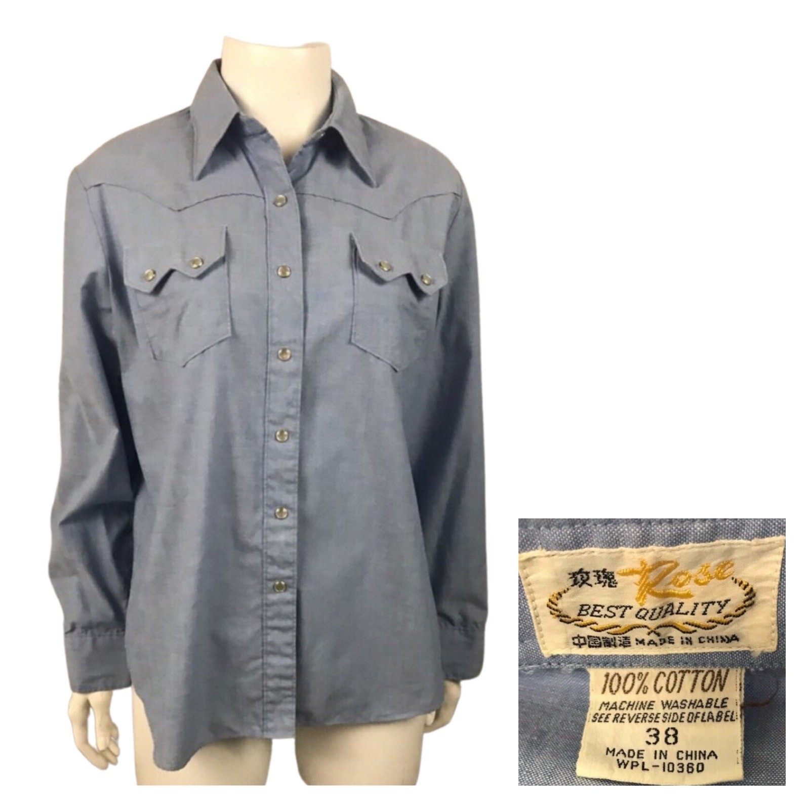 Vintage 70s Chambray Western Shirt Pearl Snap Buttons Denim Shirt Medium ^