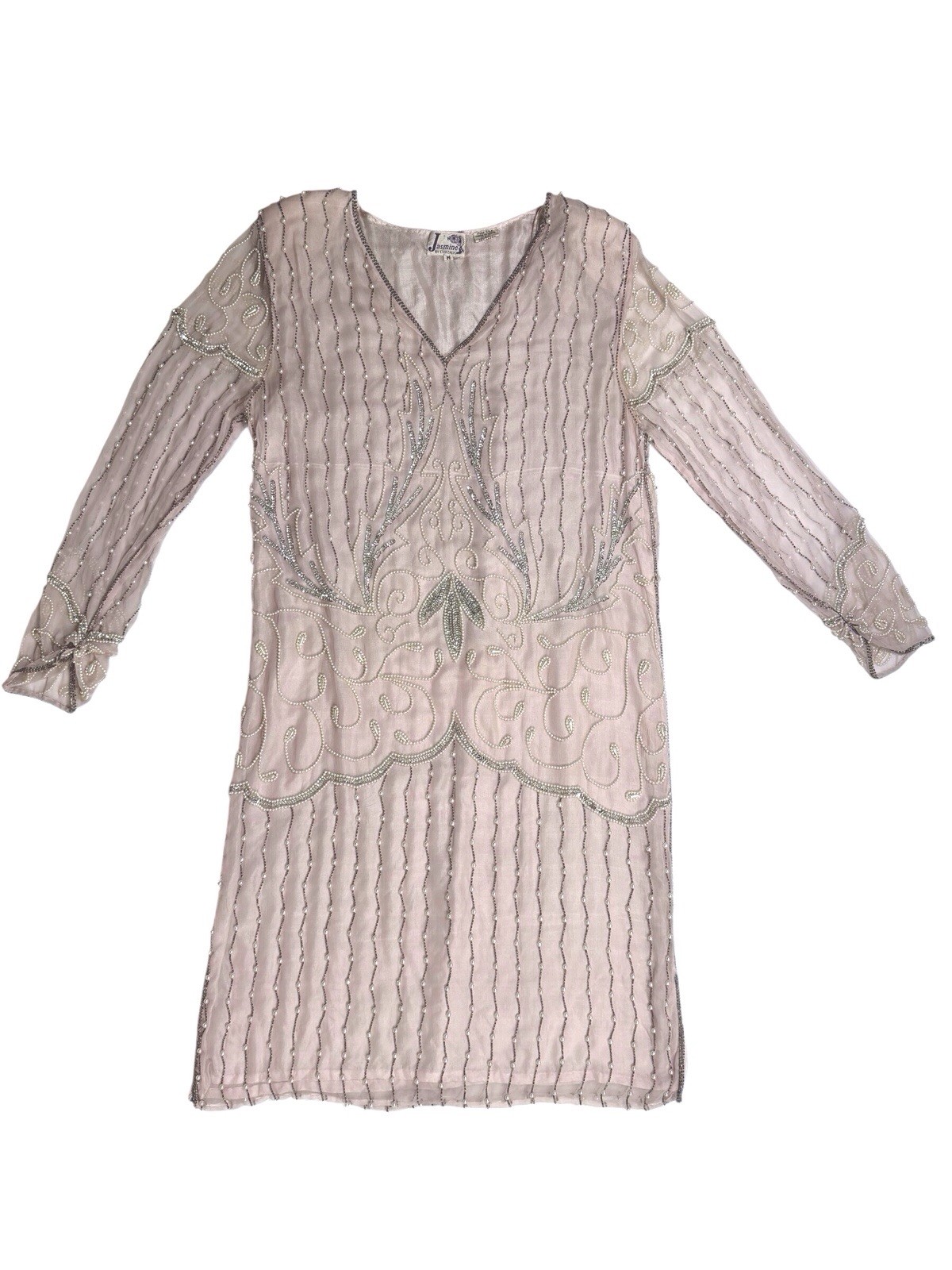 Vintage Jasmine by KVM 100 % silk pearl Beaded & sequined Blush Pink Dress sz M