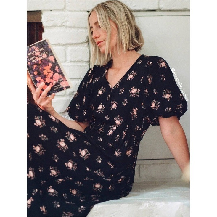 Christy Dawn Black Floral Puff Sleeve Midi Dress Deadstock XS Cottagecore Rose