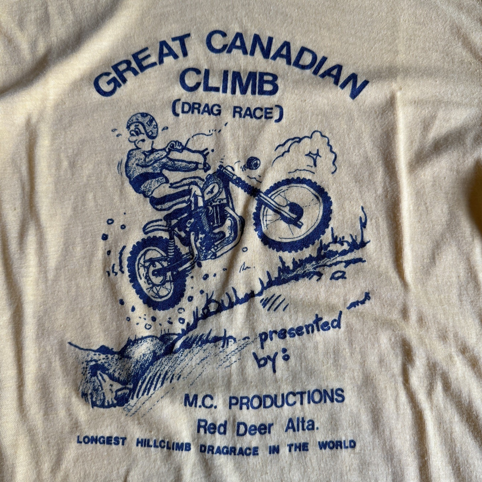 Vintage 70s Great Canadian Climb Drag Race Moto Tee Red Deer Alberta Small