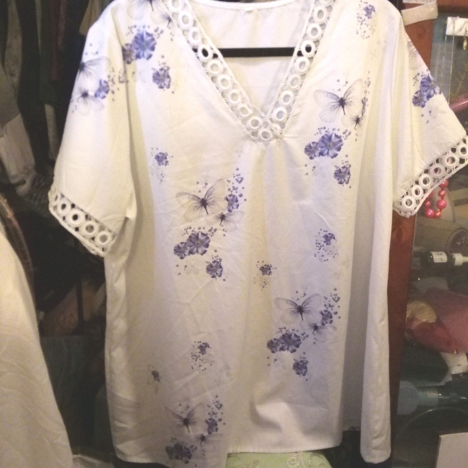 White Blouse Pullover With Purple Dragonflies Circled Embroidery Neck, Sleeve 2X