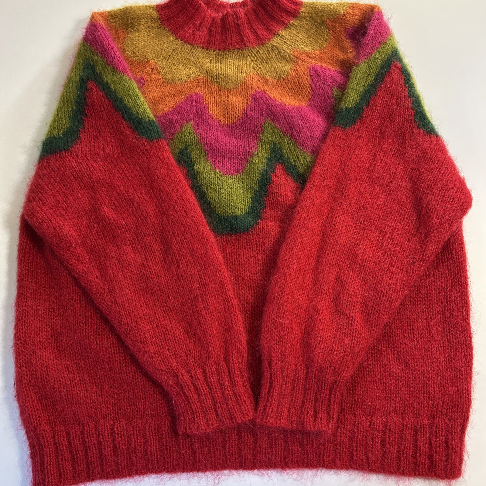 1980’S SWEATER MAURICE SASSON KIKIT RED MOHAIR MOCK TURTLENECK MEDIUM ZIG ZAG