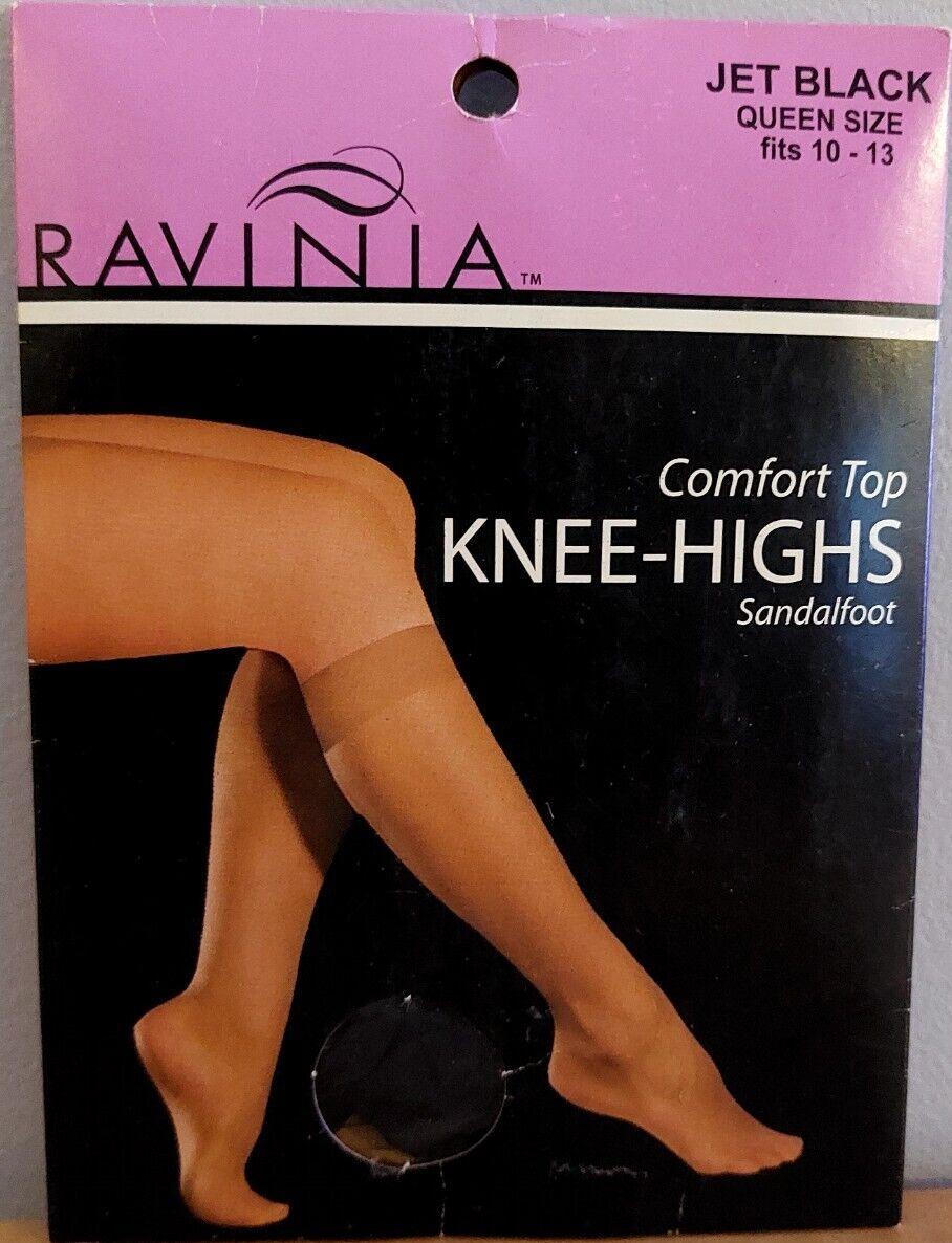 Vintage Pantyhose Ravinia Knee High Comfort Top Color Jet Black Queen Size BSDR1