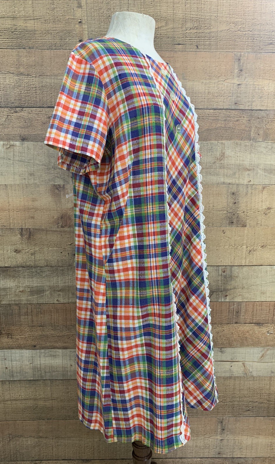 Vintage 1960s Mod Bright Plaid Woven Cotton House Dress 48” Bust /48” Waist