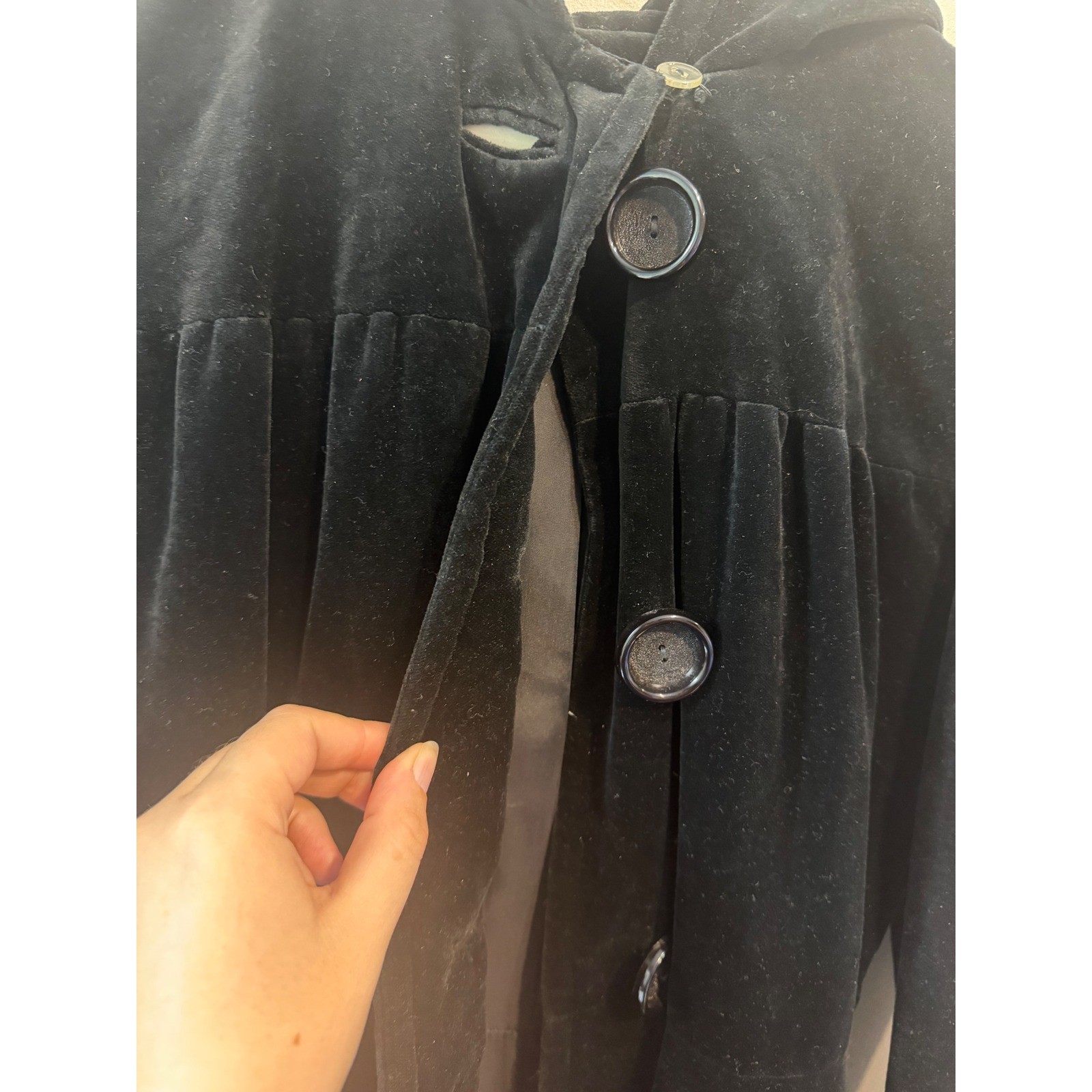 Vintage Mar-Del by Rice Black Velvet Hooded Coat Button Front Mid USA Made