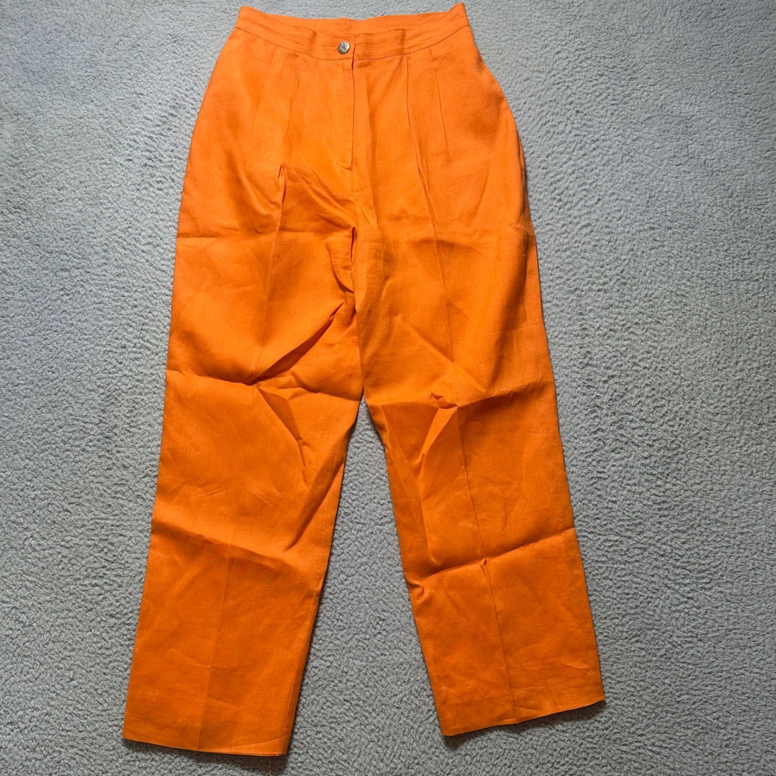 Vintage 100% Linen High Waisted Pleated Wide Leg Trousers Orange Made in USA 12