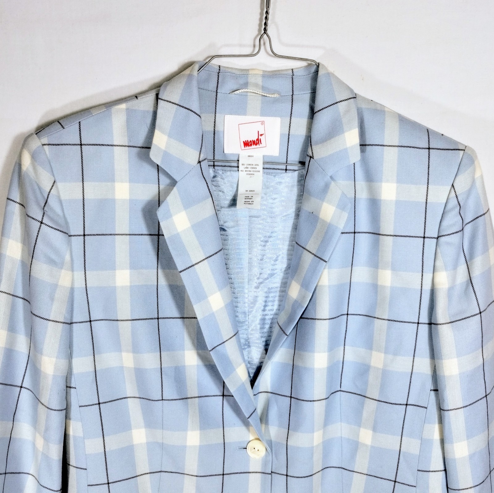 Vintage Mondi Virgin Wool Blazer 44 Modern L 10/12 Germany Blue Plaid Spring