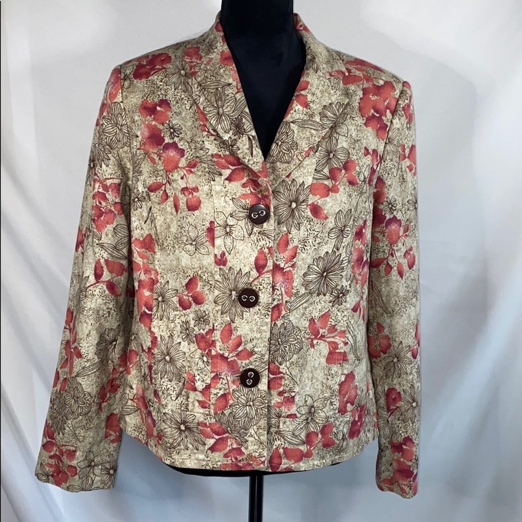 RQT Vintage Floral Blazer Jacket Womens Size 14 Linen Blend Tan Pink Boho Lined