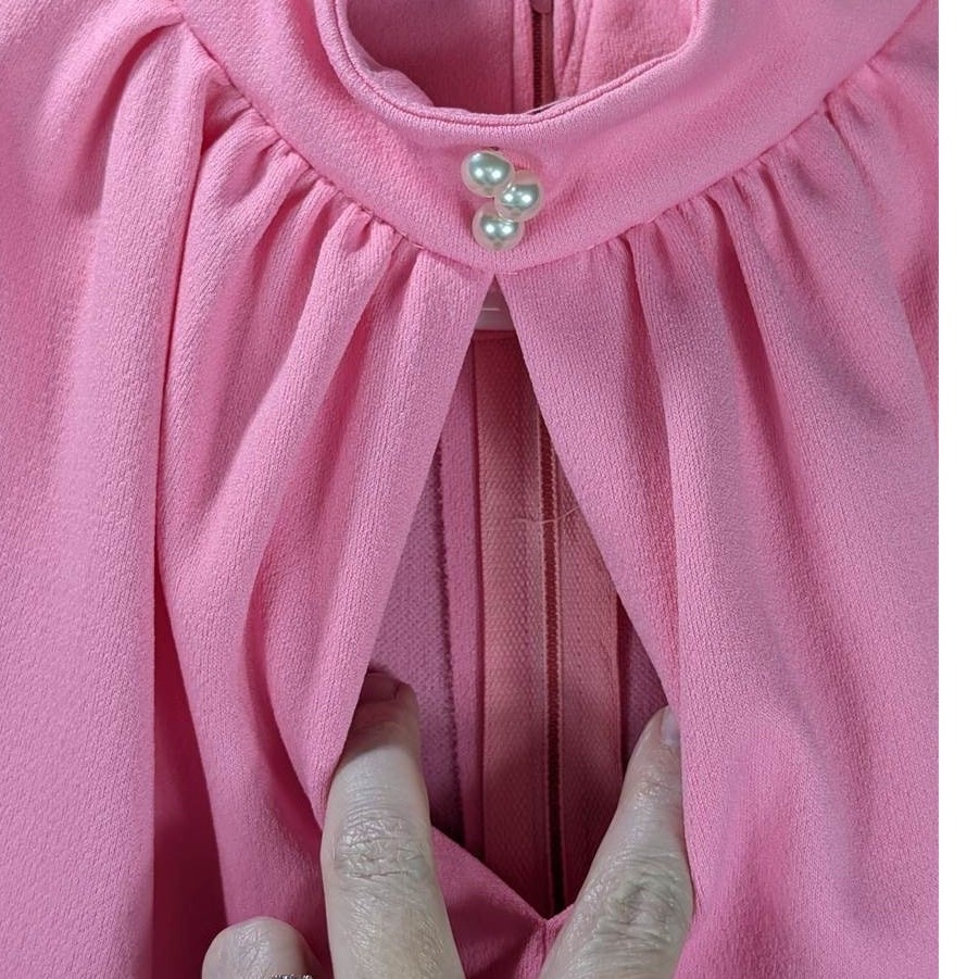 Vintage Dress 18 Pleated Pink Long Sleeve Zip Knee Length Collar Pearl Buttons