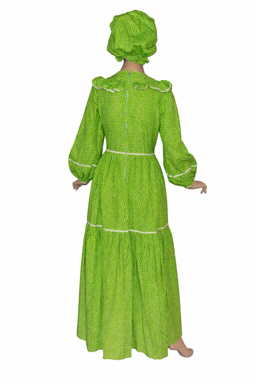 Vintage 70s Green Prarie Maxi Dress Calico Cotton Floral Cottagecore Bonnet L