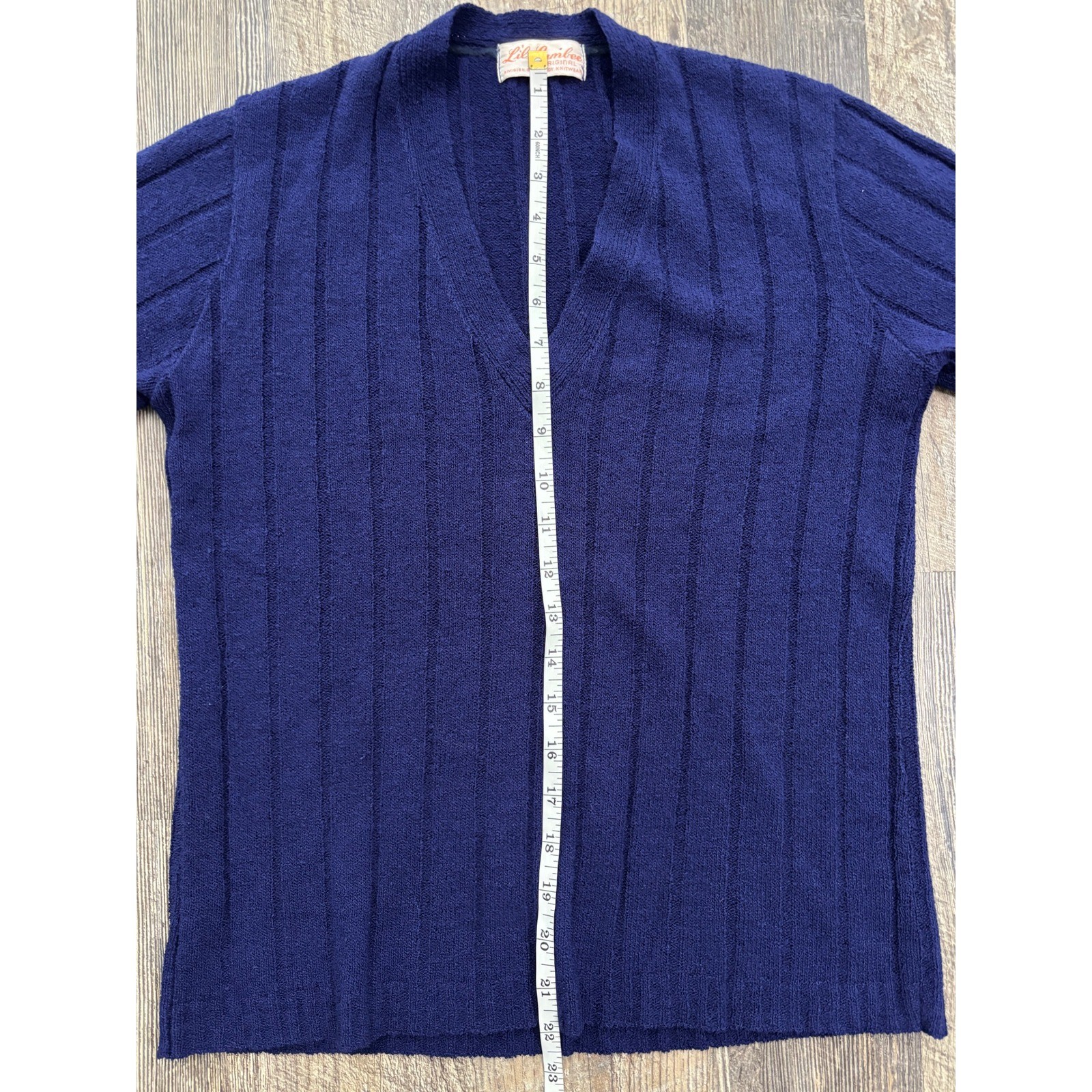 Vintage Lil Lambee Le Roy Knitwear Navy Blue Ribbed V-Neck Short Sleeve Sweater