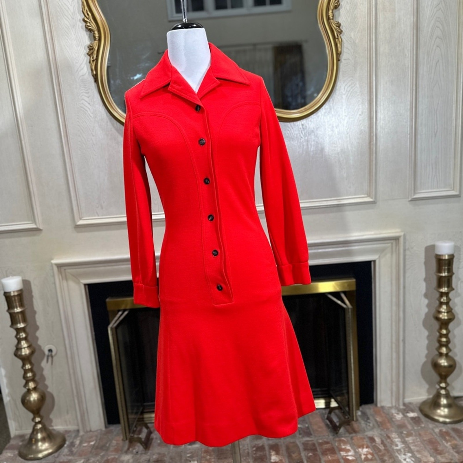 Vintage David Crystal Red Button-Front Dress Heavy Knit Collared (fits small)