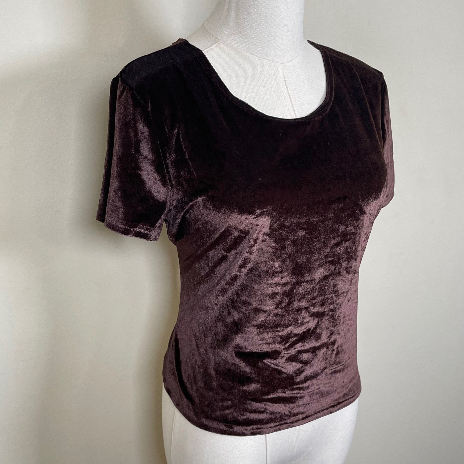 Vintage Aqua Blues Velvet Crop Top Womens L Chocolate Brown 90s Made in USA