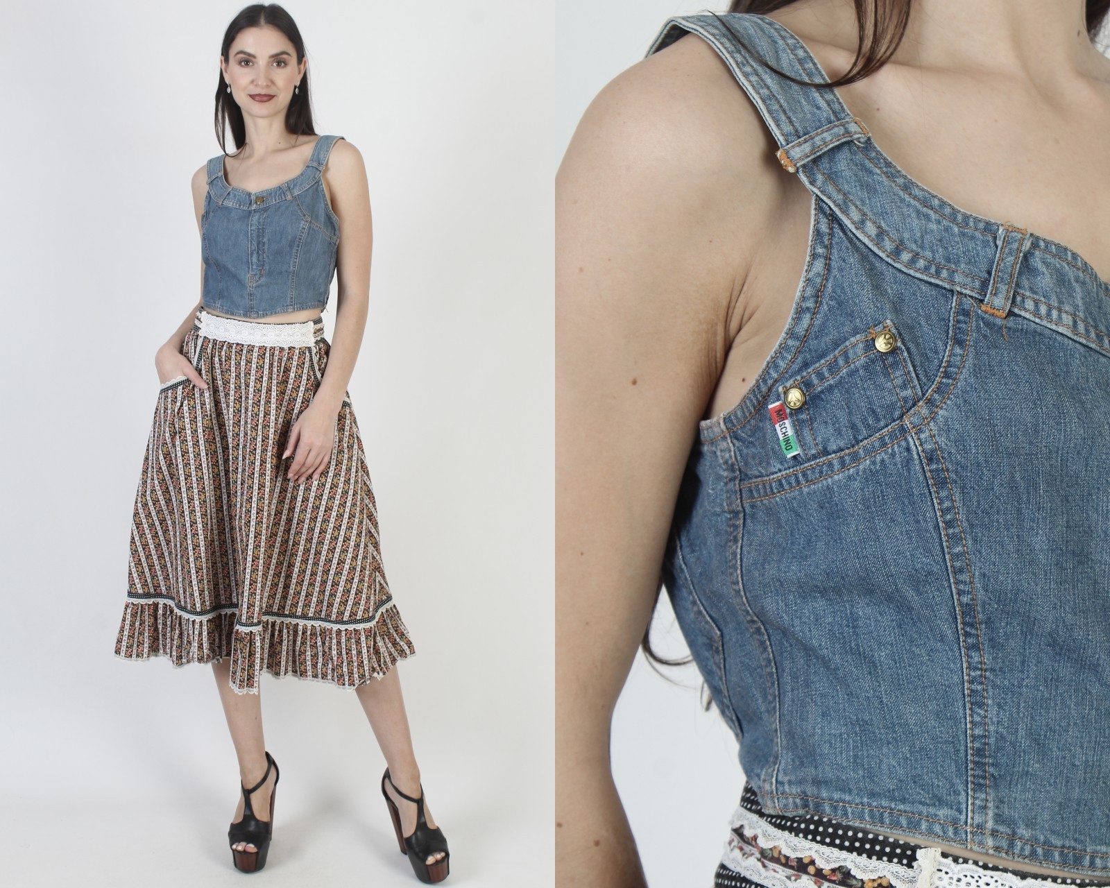 Vtg Moschino Denim Crop Top Blue Jean Patchwork Half Shirt Designer Tunic 12