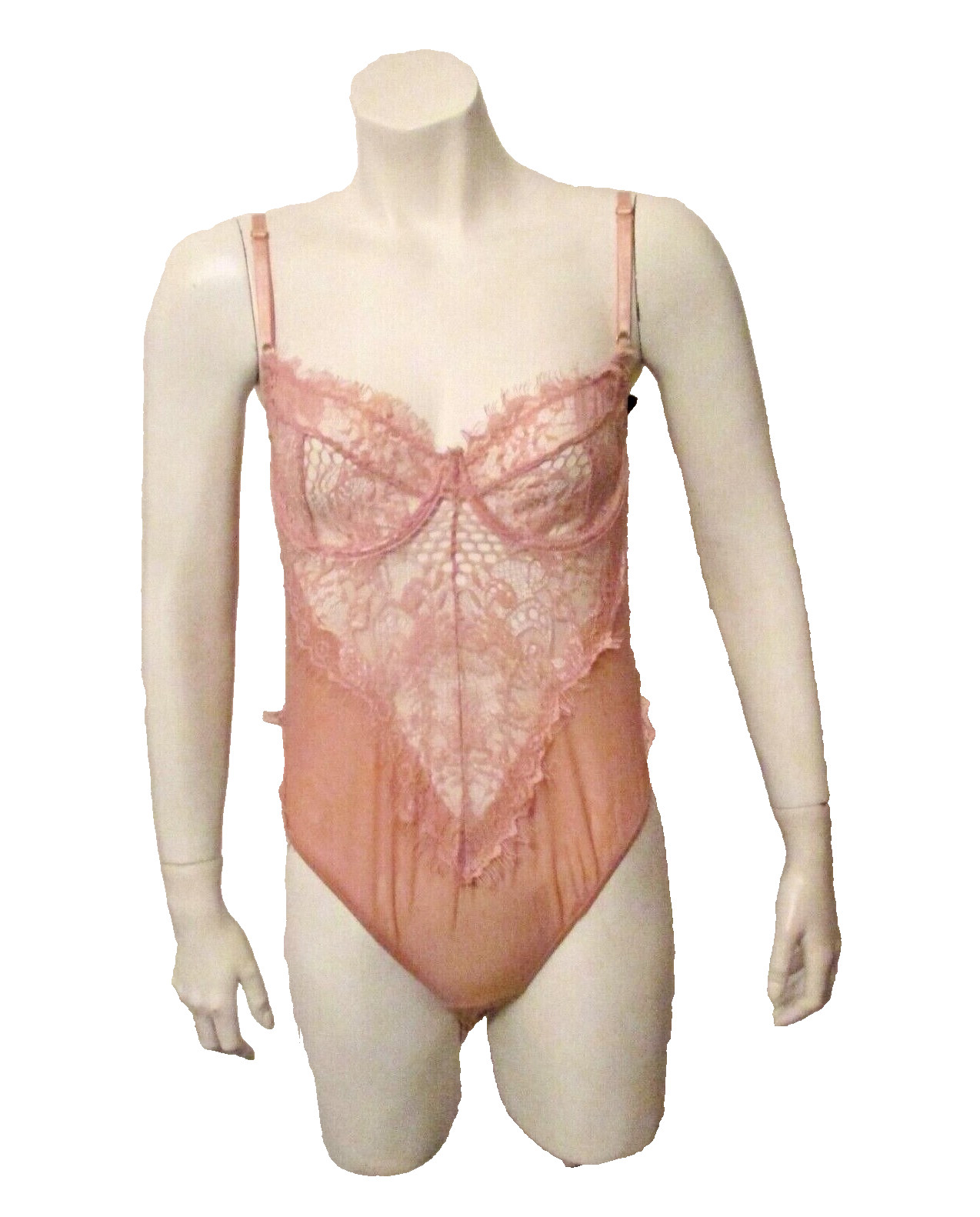 Windsor Fashions Mauve Lace Mesh One Piece Hi Leg Thong UW Bra Teddy Bodysuit M