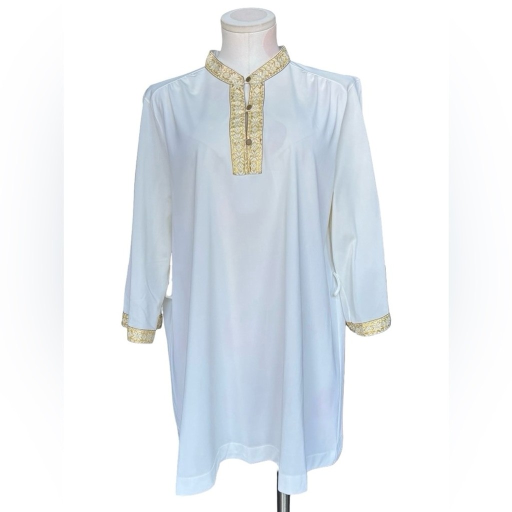 Vintage Tunic Top – White with gold cuff and collar accents – 38 (medium)