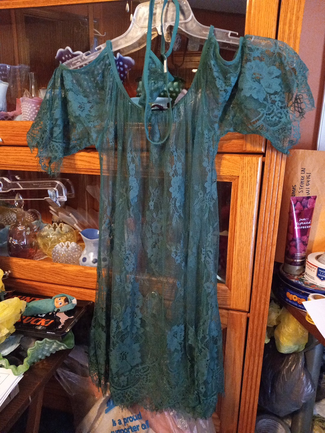 2 Piece Lingerie NOS Green Lace Nighty & G String Panty Panties See Through S
