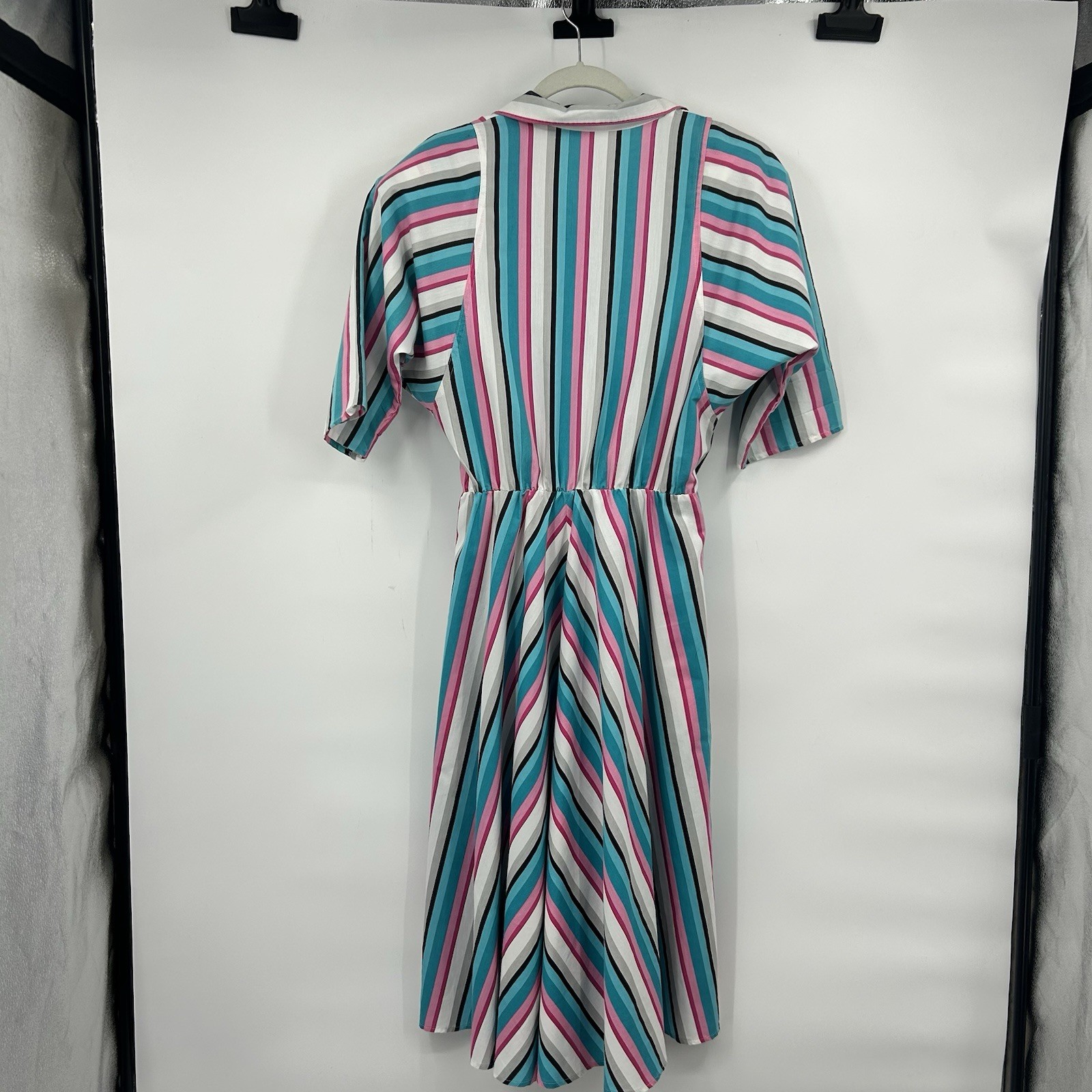 Vintage 80s 90s Striped Midi Dress Womens Shoulder Pads Pockets Colorful Retro L