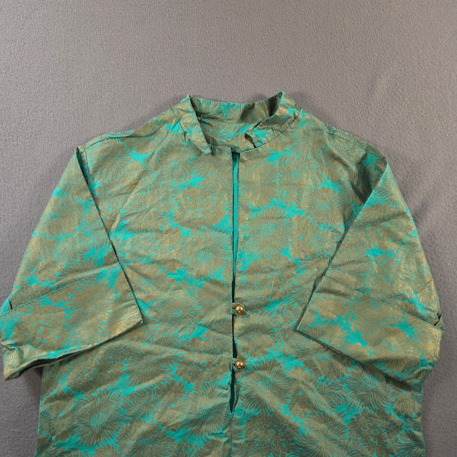 Vintage Dutchmaid Top Womens 38 Green Floral Gold Painted Asian Traditional 70s
