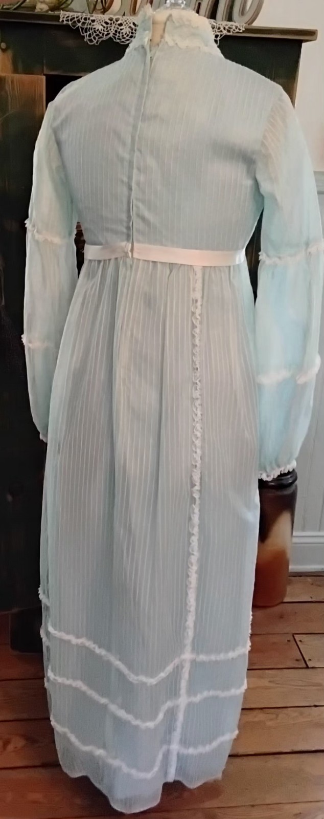 Vtg Sm Prairie Dress Lt Blue Shear w/ Lace Trim Ex Shape