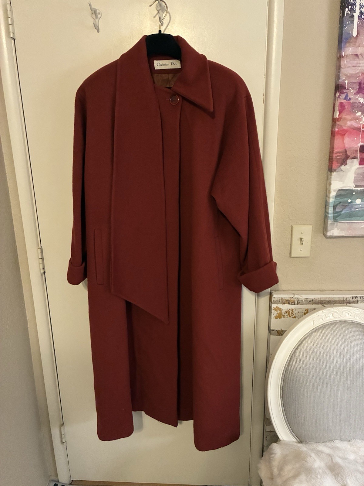 VTG. Couture Christian Dior Womens Deep Red Wool Maxi Coat/Scarf Collar SZ 14