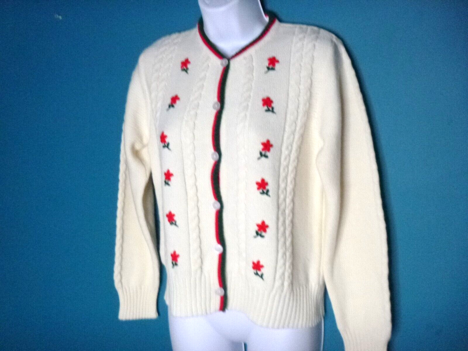 Vtg Acrylic Cardigan Off White Red Green Floral Embroidery Sz 36/38 Austria