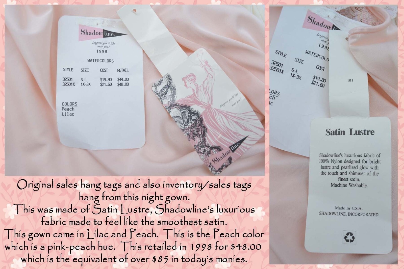 SHADOWLINE Pink Negligee Night Gown, Lace, Satin Ribbon, Feminine, NOS, Vintage