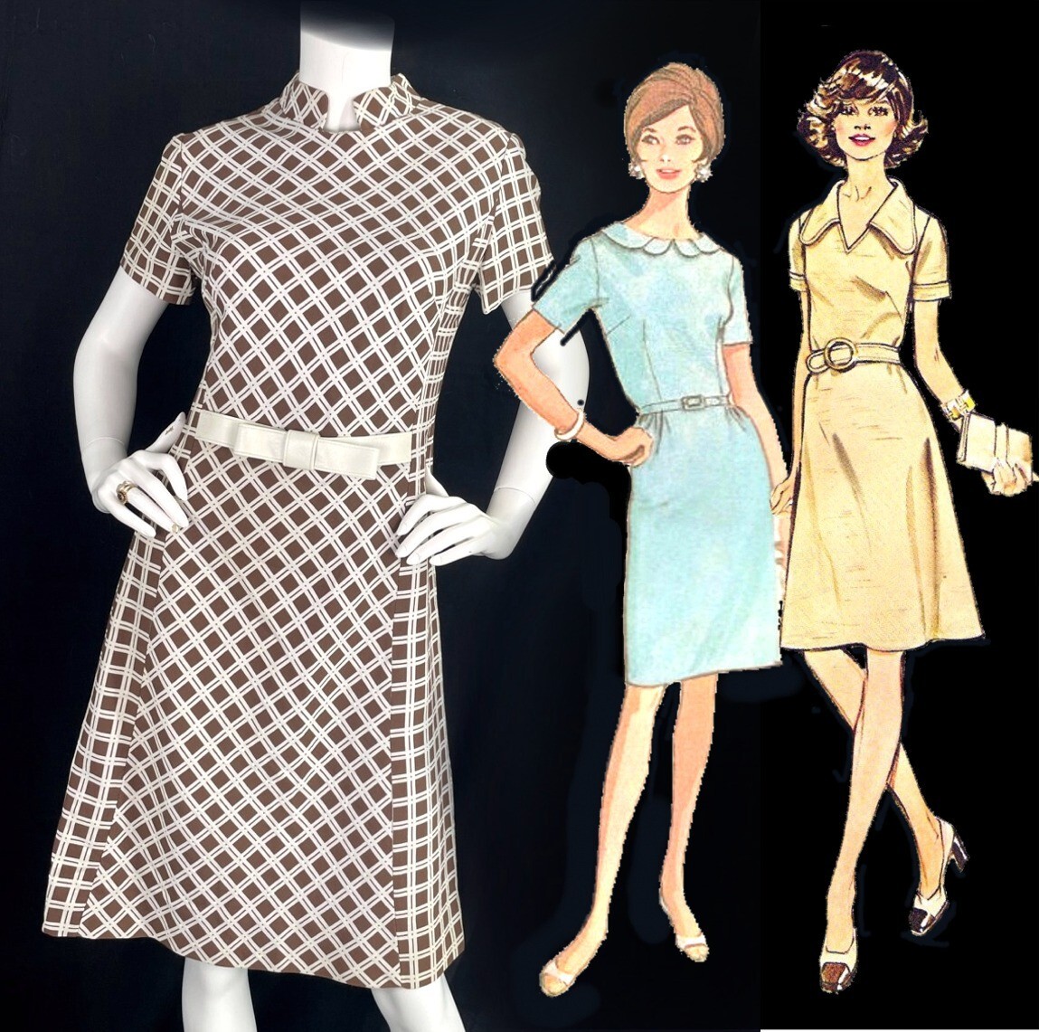 Vintage 70’s Stacy Ames mod dress brown cream plaid pleather belt dress