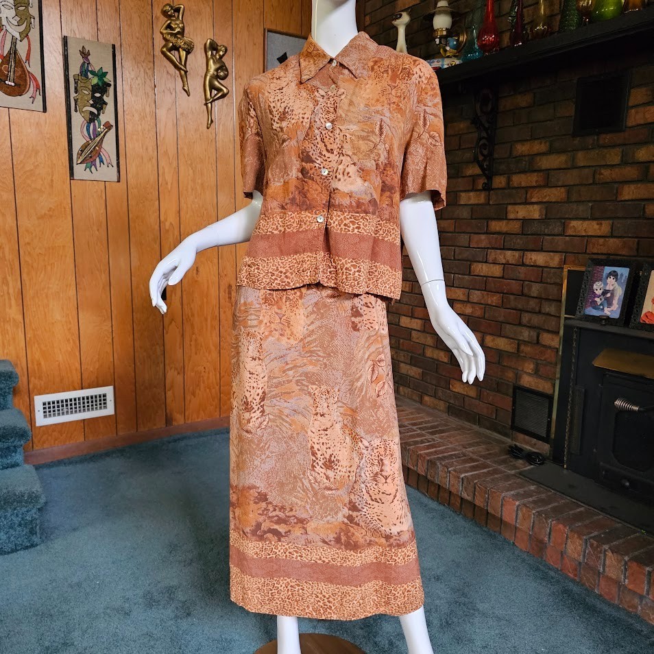 Vtg 90s SL Fashions Leopard Animal Print Safari Volup 2 Pc Dress + Shirt XL/XXL