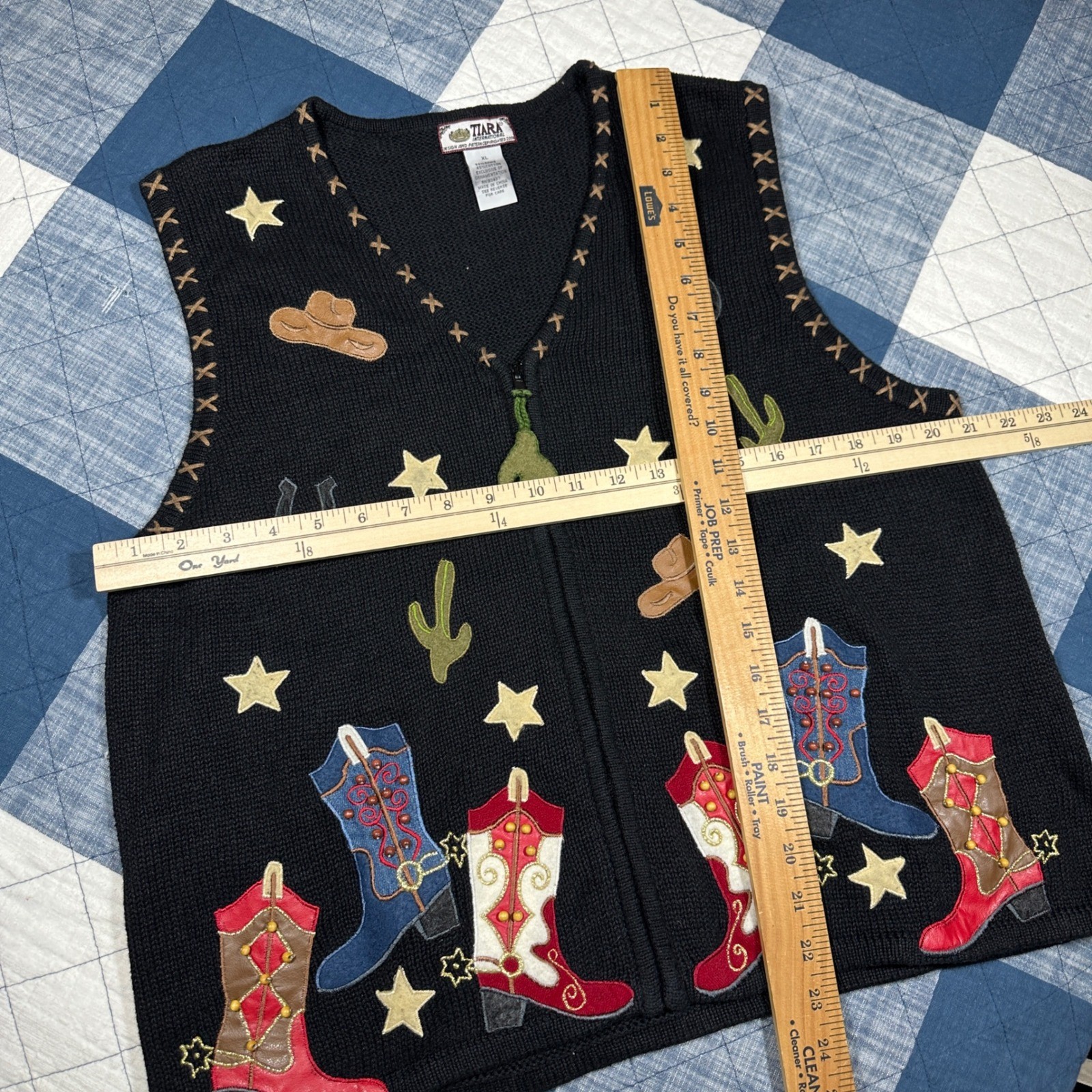 Vintage Tiara International Western Cowboy Boot Beaded Sweater Vest Black XL