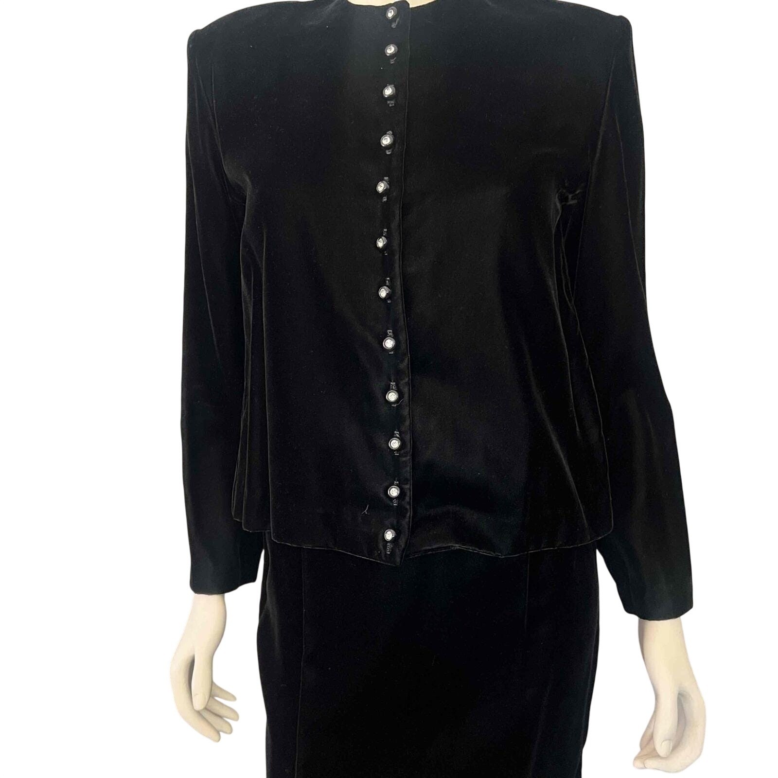 VTG 90s Ms. Interpret New York Black Velvet Rhinestones Bows Suit Jacket Skirt 4
