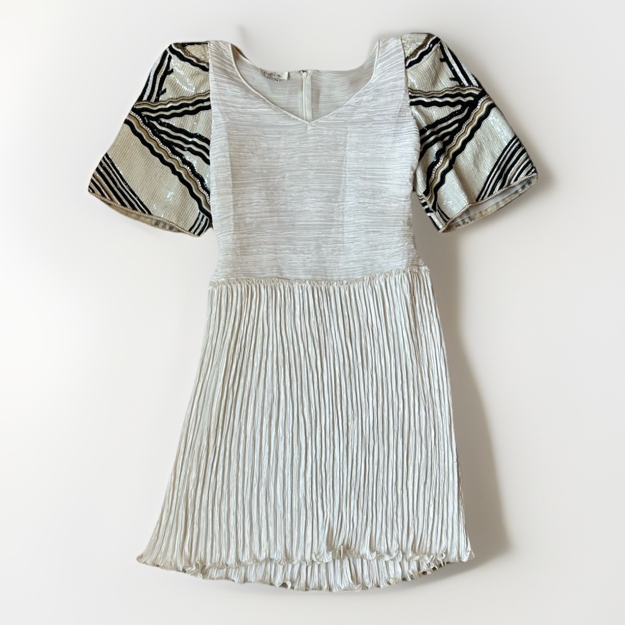 Vintage 80s Mary McFadden Couture Pleated Plisse Goddess Dress 14 Beaded Sleeves