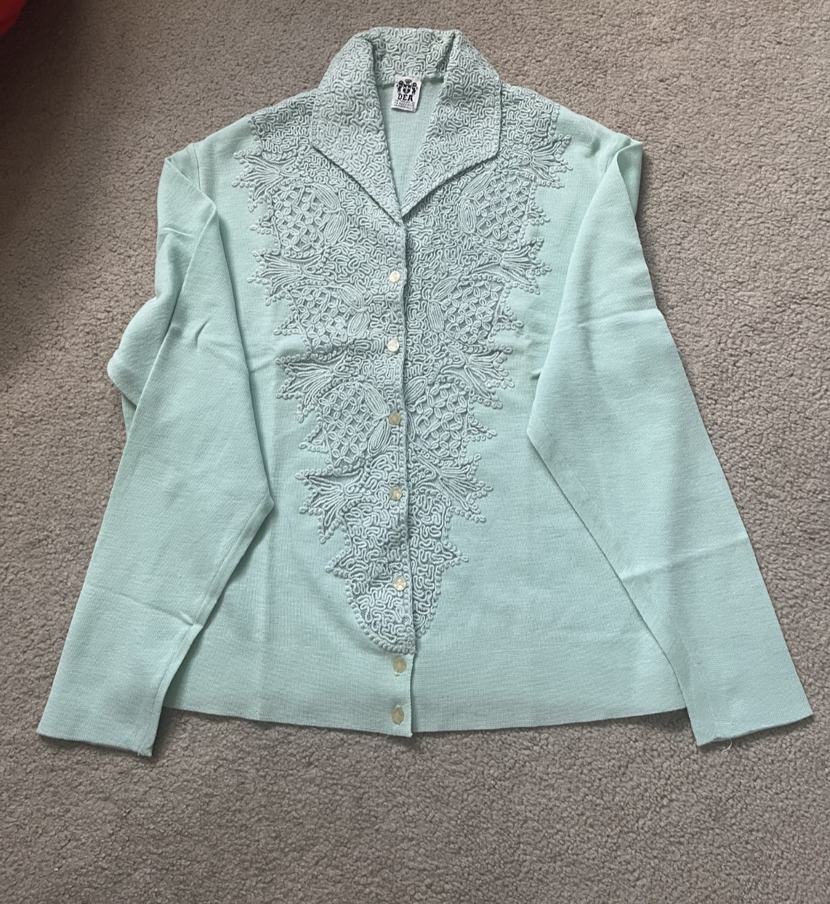 Vintage Light Mint Green Sweater Cardigan Intricate Soutache Embroider Metallic