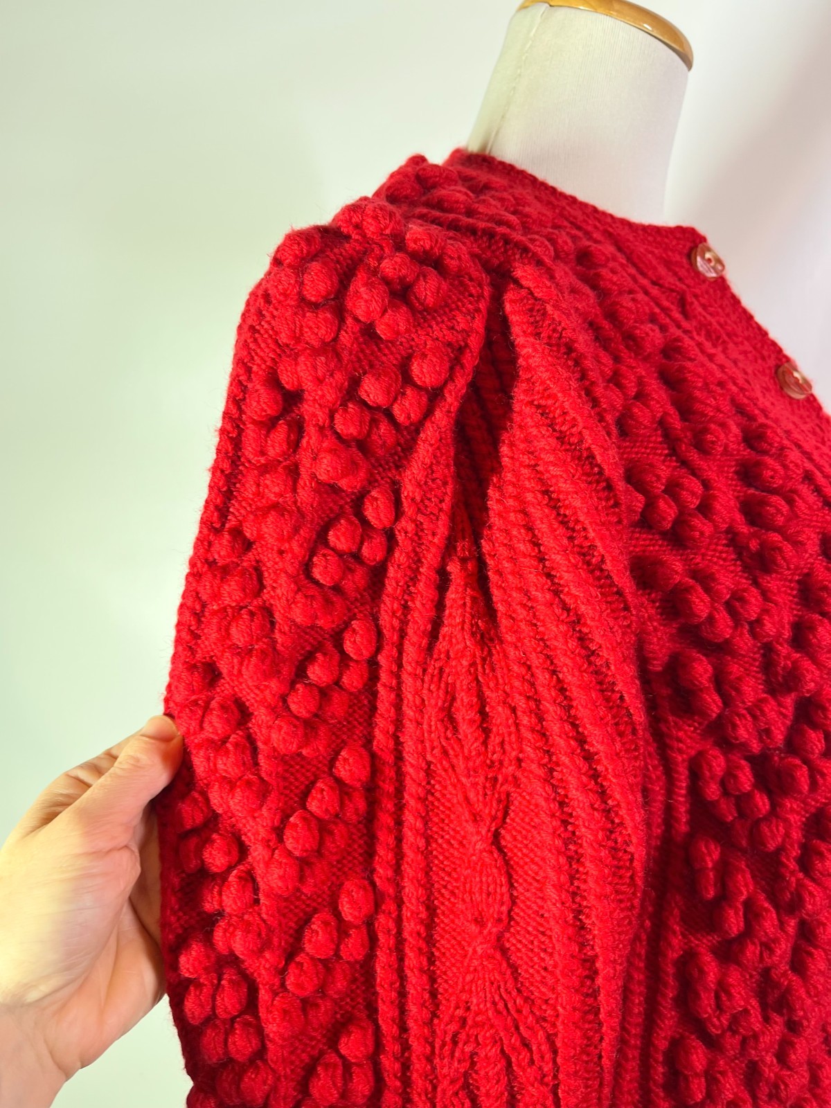 Vintage Gilca Putz Thick Wool Red Cardigan Sweater Pom Poms