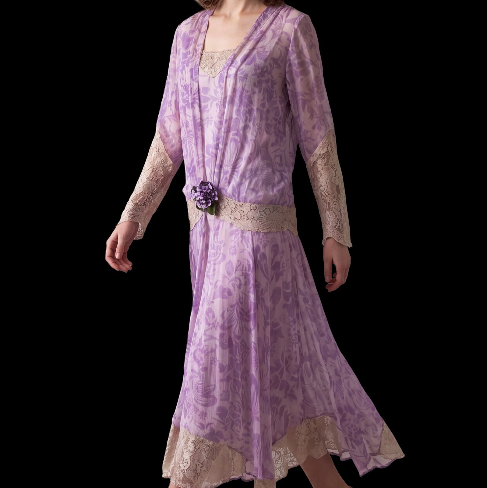Vintage 20s Dress, 1920s Silk Chiffon and Lace 2 Piece Lavender Dress Set, S/M
