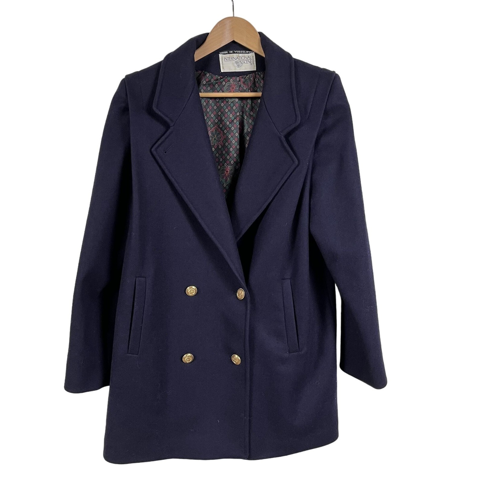 VTG International Scene Peacoat Womens 12 Navy Gold Buttons Double Breasted Wool