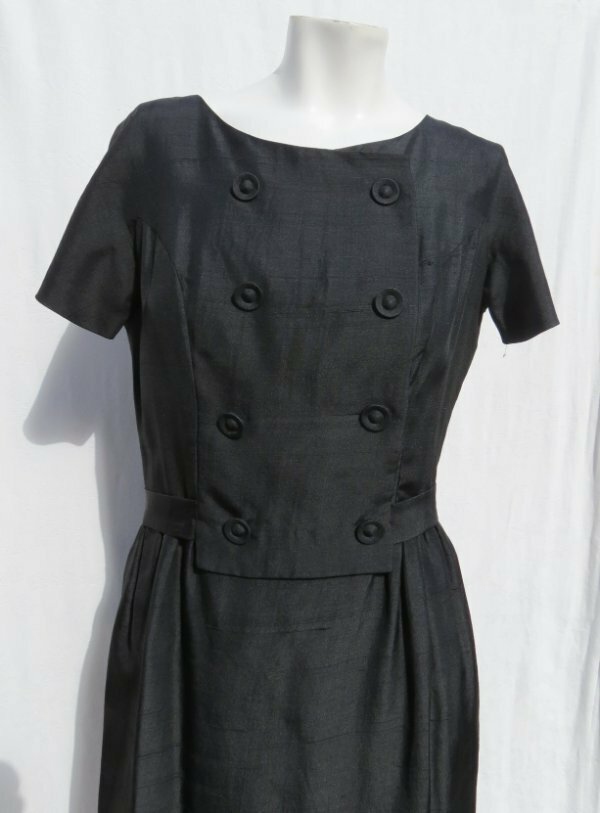 Vtg 50s STANTON Jrs Black Silk Double Breasted S/S Dress USA S 4 6 Tag 13