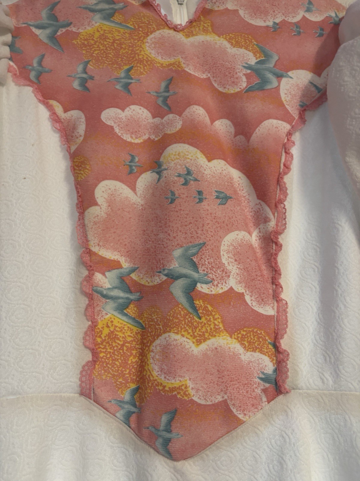 1980’s Handsewn Full Length DRESS White with Pink Clouds, Blue Doves BOHO