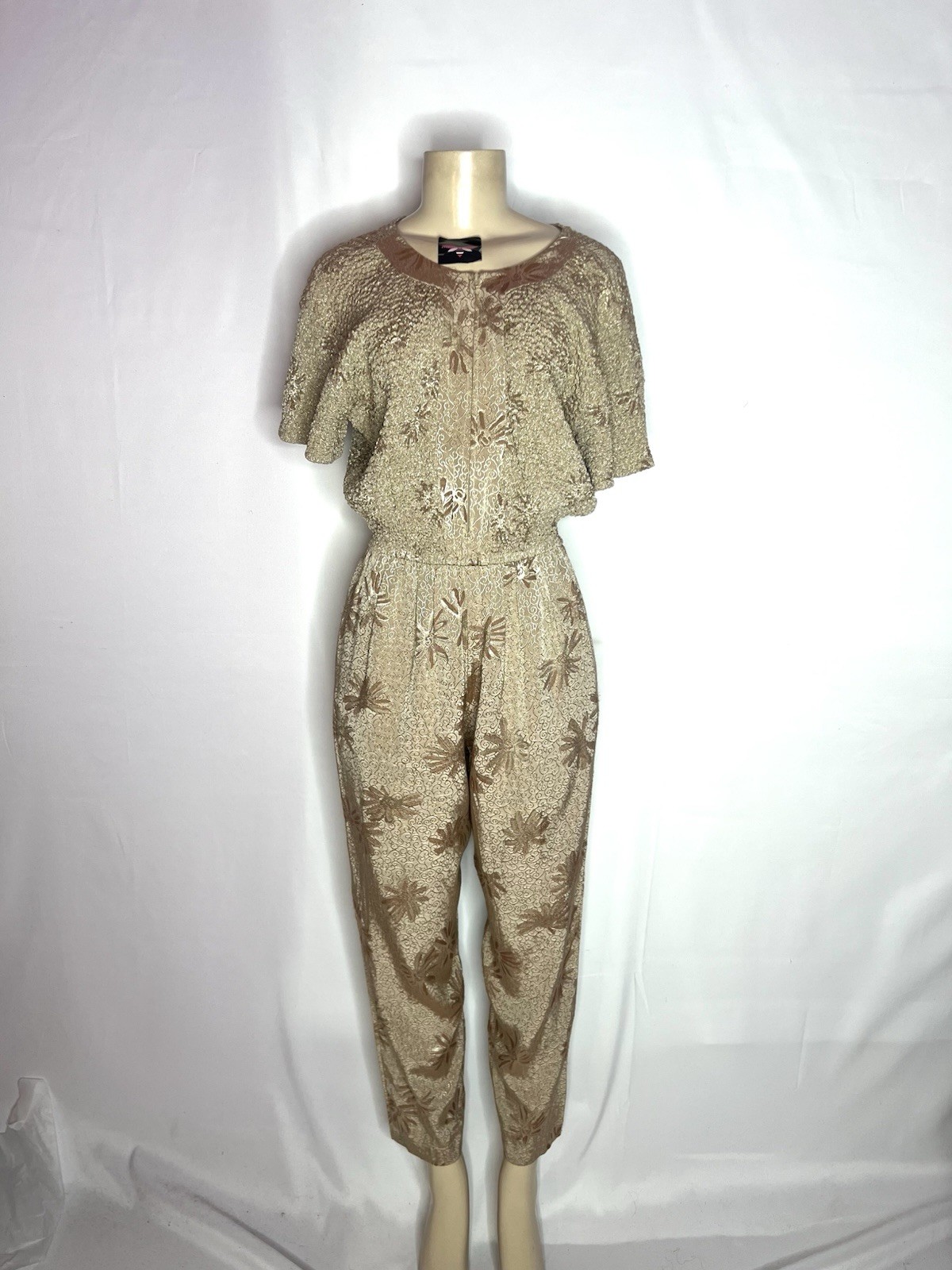 VINTAGE DAMASK 100% RAYON GOLD DAMASK ELASTIC WAIST JUMPSUIT SZ SMALL