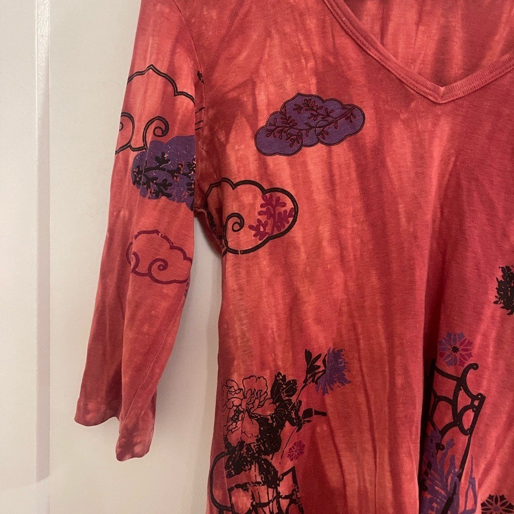 Vintage Japanese Print Temple Indie Culture Rust Red Floral-Print V-Neck Blouse