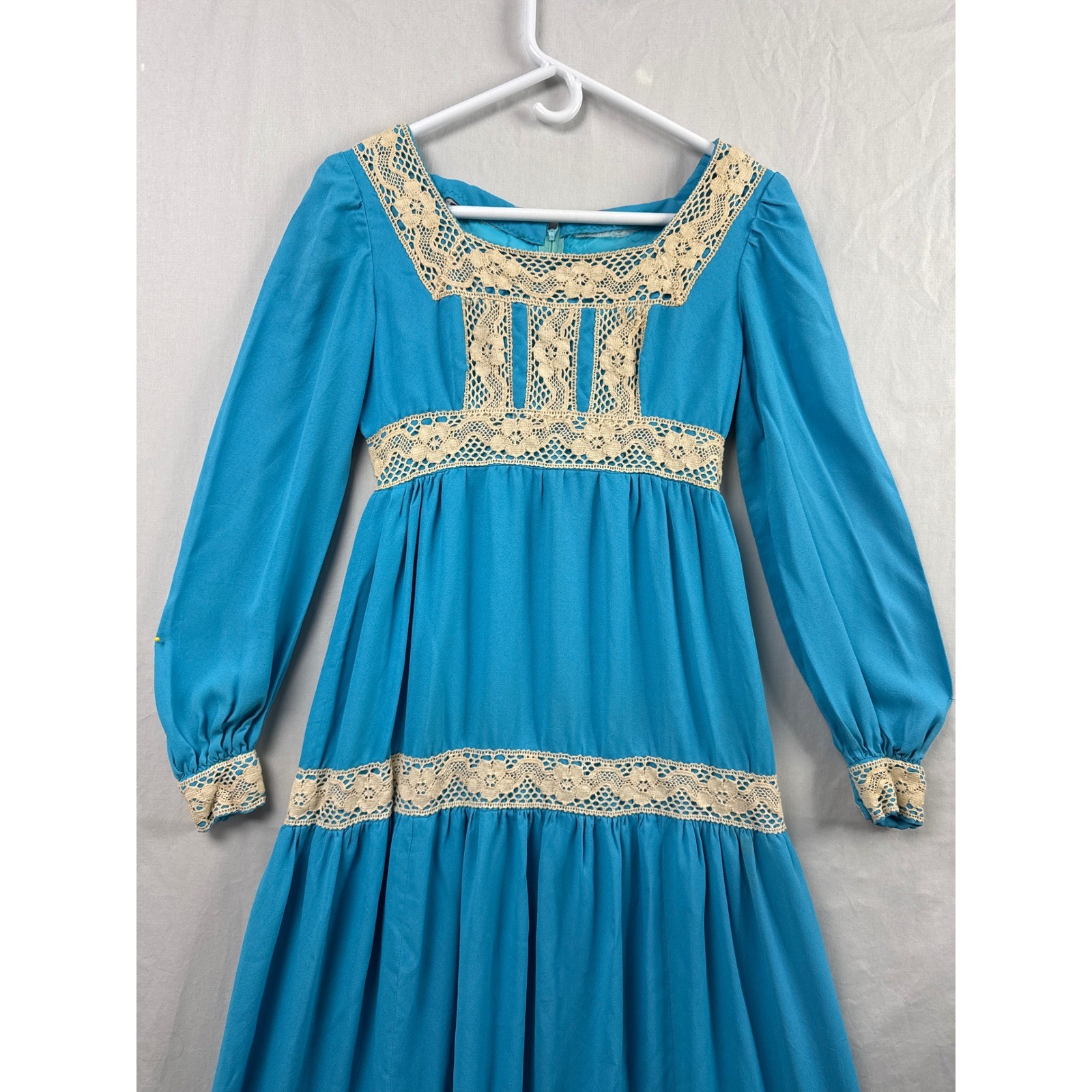 Vtg 70s Handmade Prairie Maxi Dress Women S Crochet Hippie Lace Empire Waist