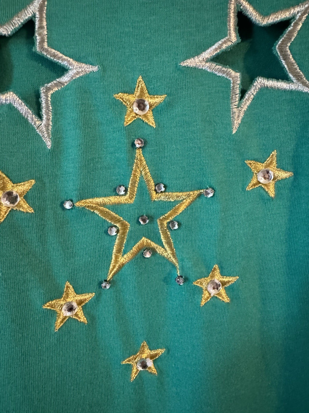 Vtg Metallic Star Embroidery 90s Women’s M Teal Rhinestone Blouse Ashely Hill