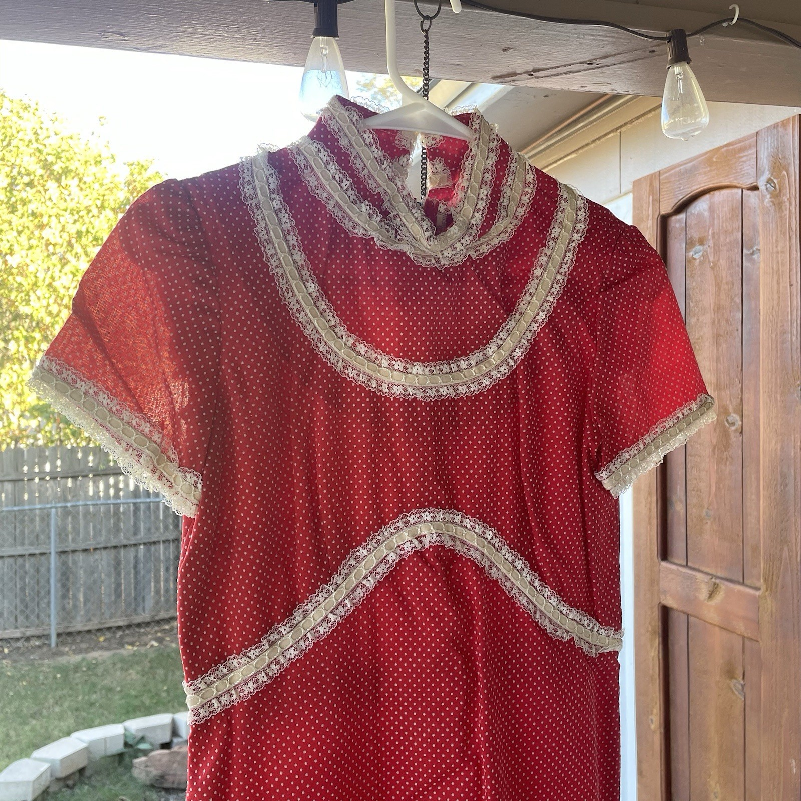 Prairie Cottage Core Vtg 70s Maxi Dress Red White Polka Dot Lace Trim Women’s S