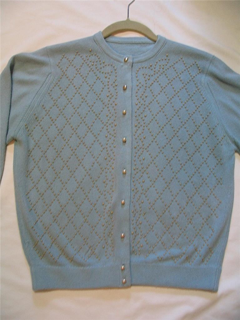 VNTG 1960S~CELADON ORLON~BEADED DESIGN~FAUX PEARL BUTTON CARDIGAN SWEATER~SM~36