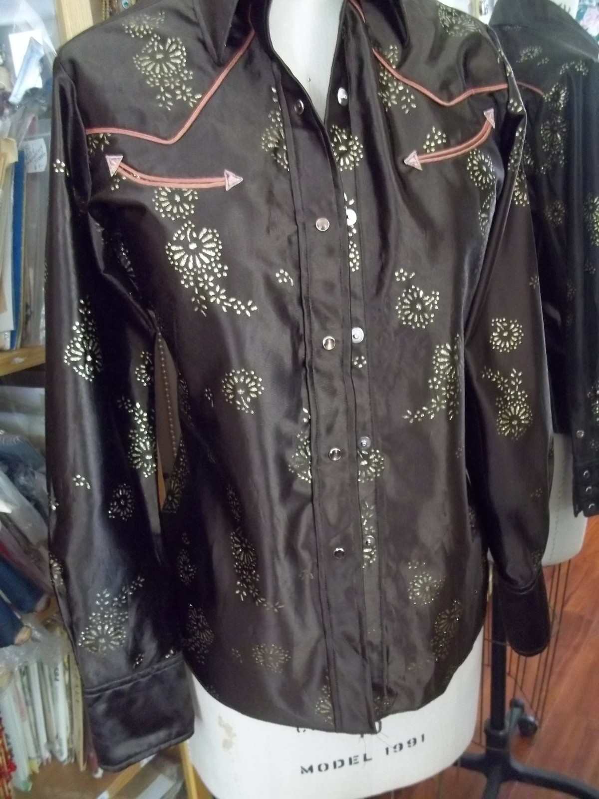 Vintage Panhandle Slim Western Shirt S-M Arnel Brown Gold Metallic Snaps 70s 80