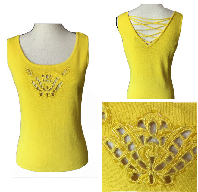Maurice Sasson KIKIT Vintage Beaded Lace Up Back Detail Yellow Stretch Top M