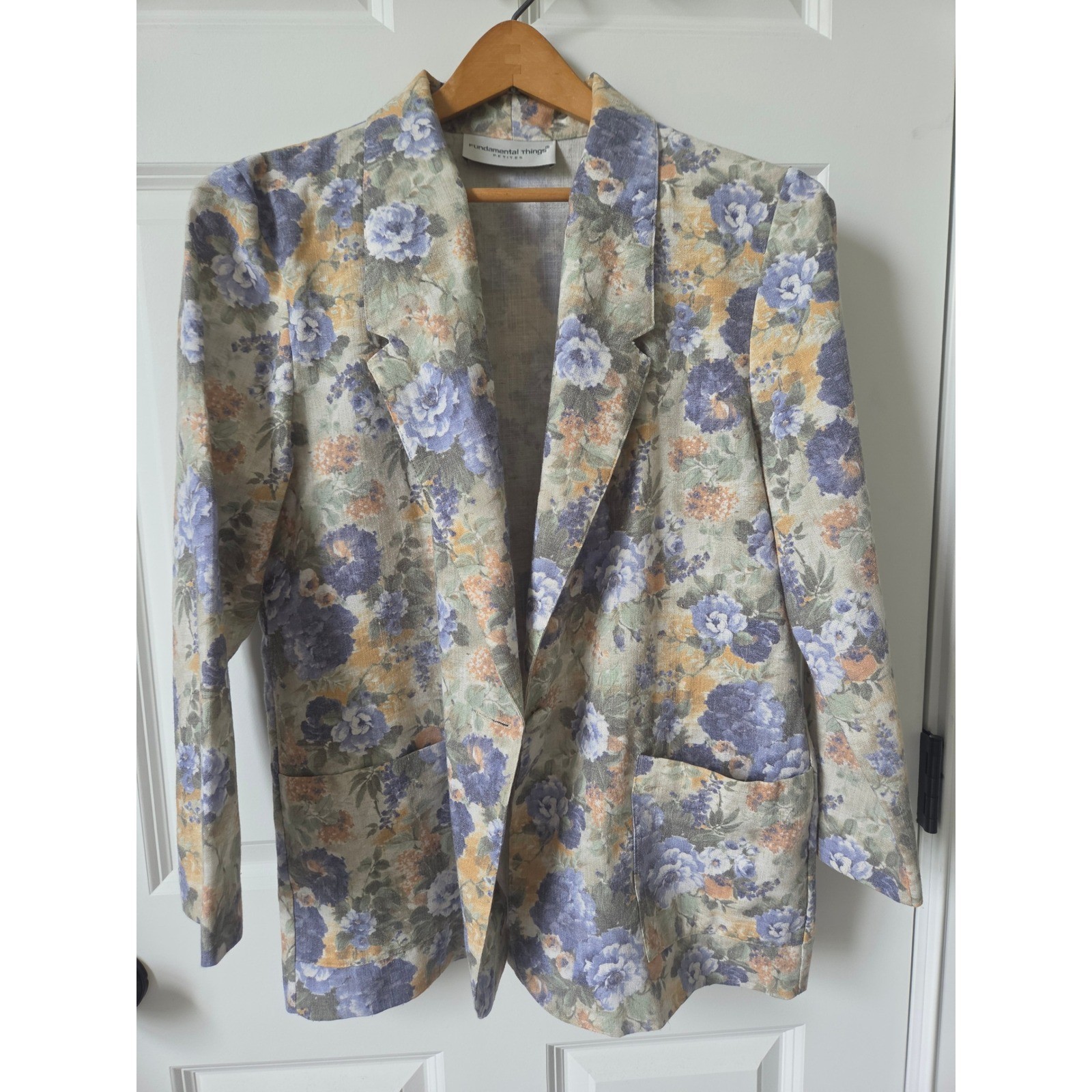 Vintage Cottagecore Floral Linen Blend Blazer Jacket Blue Size 12P Boho