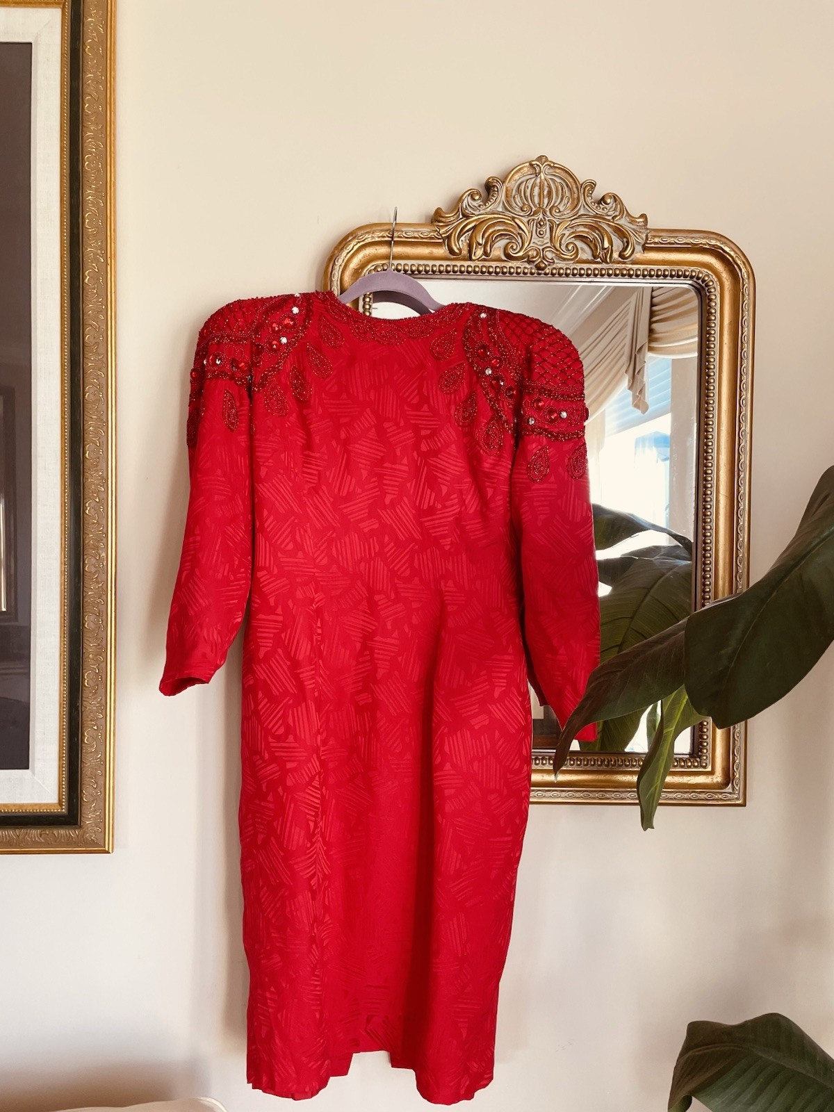 Vintage 80’s Silky Poly Hand Beaded Glam Stylish Red Dress 10