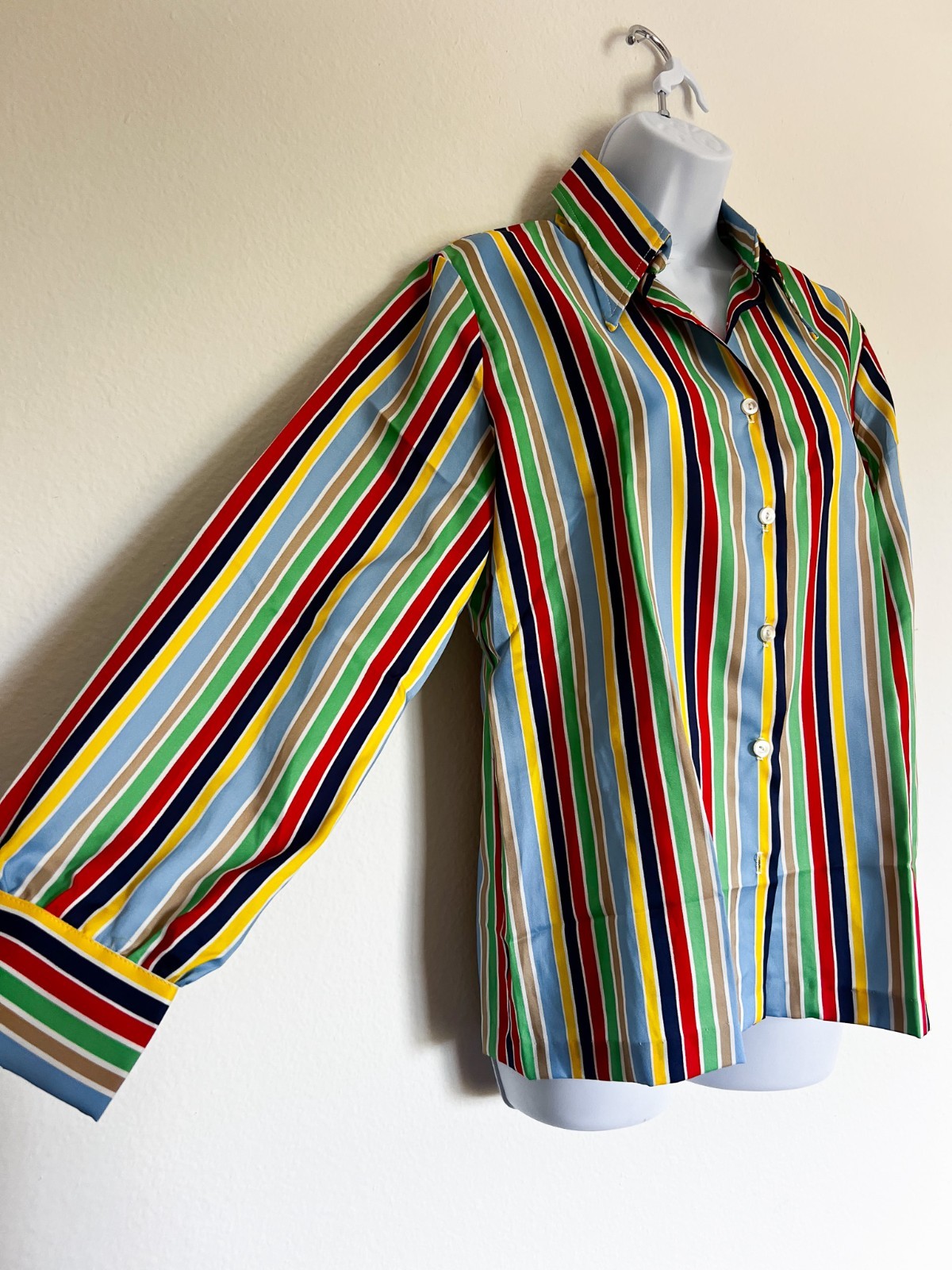 Vintage 70’s Spiegel Colorful Polyester Blouse Shirt Button Up Striped Size 10
